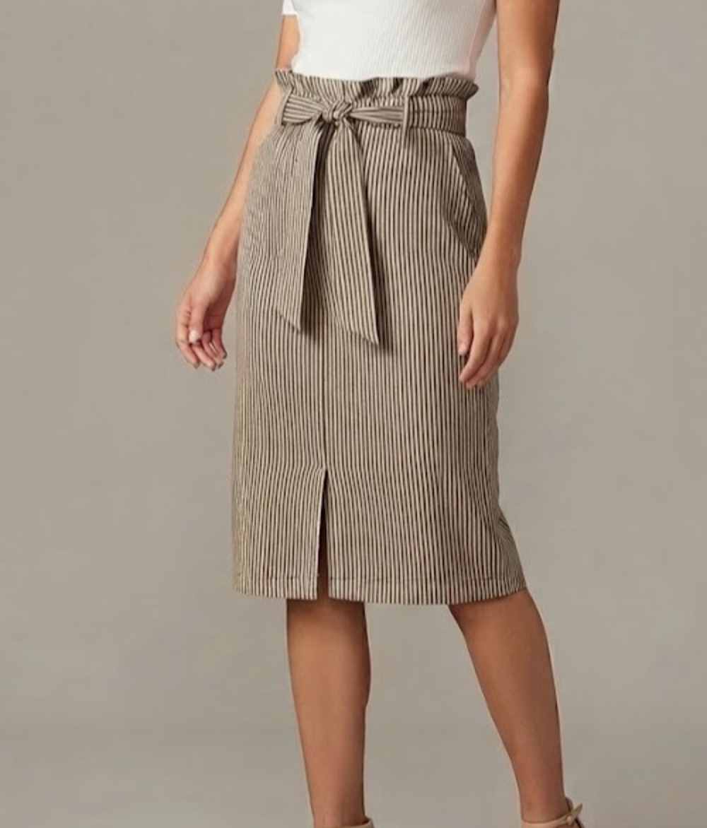 Linda Matthews Paperbag Waist Skirt 6 Beige Striped Pencil Midi Belted Linen